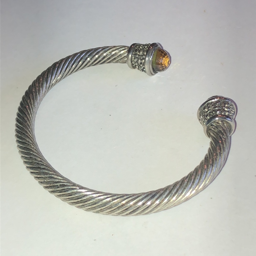 Silver Tone Cable Cuff Bracelet with Green Gem Accents - Picture 2 of 5